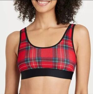 Plaid Unlined Scoop Neck Bralette Top Red & Black XS (32A/32B) NWT